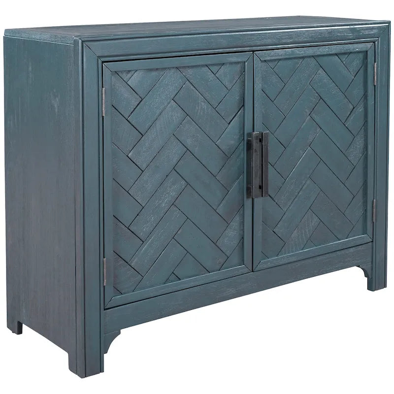 Accent Cabinet 2 Door Herringbone Carved Panel Distressed Antique Blue Adjustable Shelf MDF