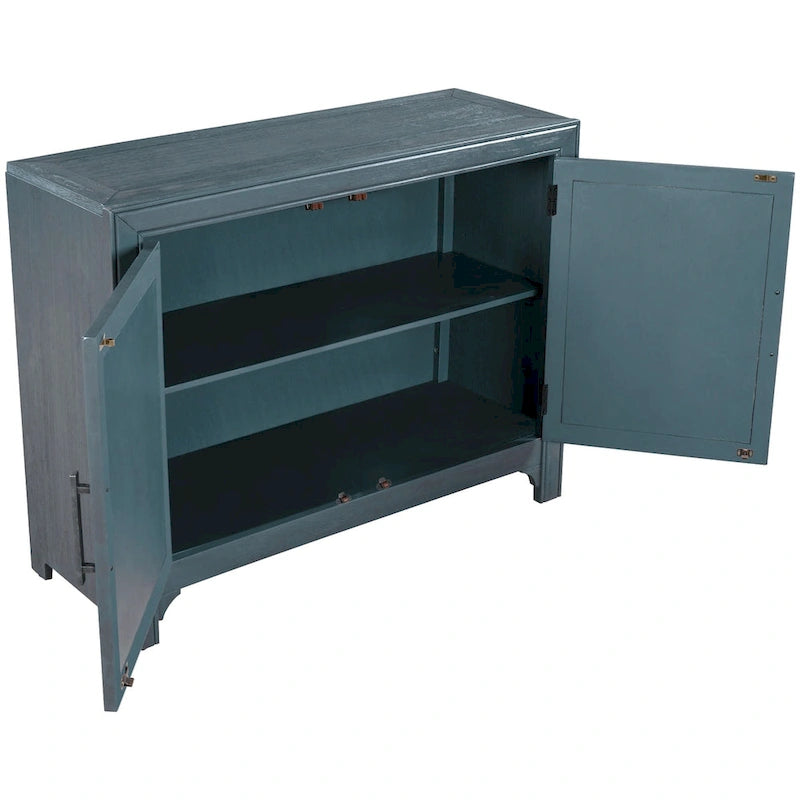 Accent Cabinet 2 Door Herringbone Carved Panel Distressed Antique Blue Adjustable Shelf MDF