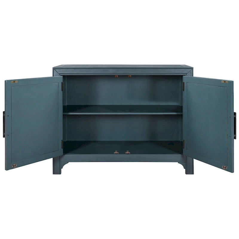 Accent Cabinet 2 Door Herringbone Carved Panel Distressed Antique Blue Adjustable Shelf MDF