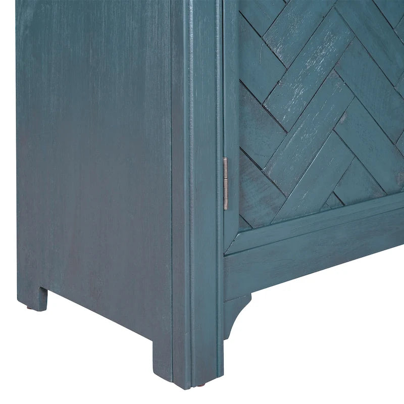 Accent Cabinet 2 Door Herringbone Carved Panel Distressed Antique Blue Adjustable Shelf MDF