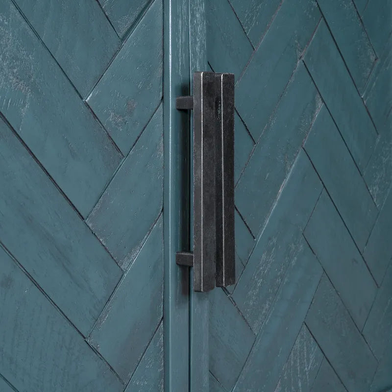 Accent Cabinet 2 Door Herringbone Carved Panel Distressed Antique Blue Adjustable Shelf MDF