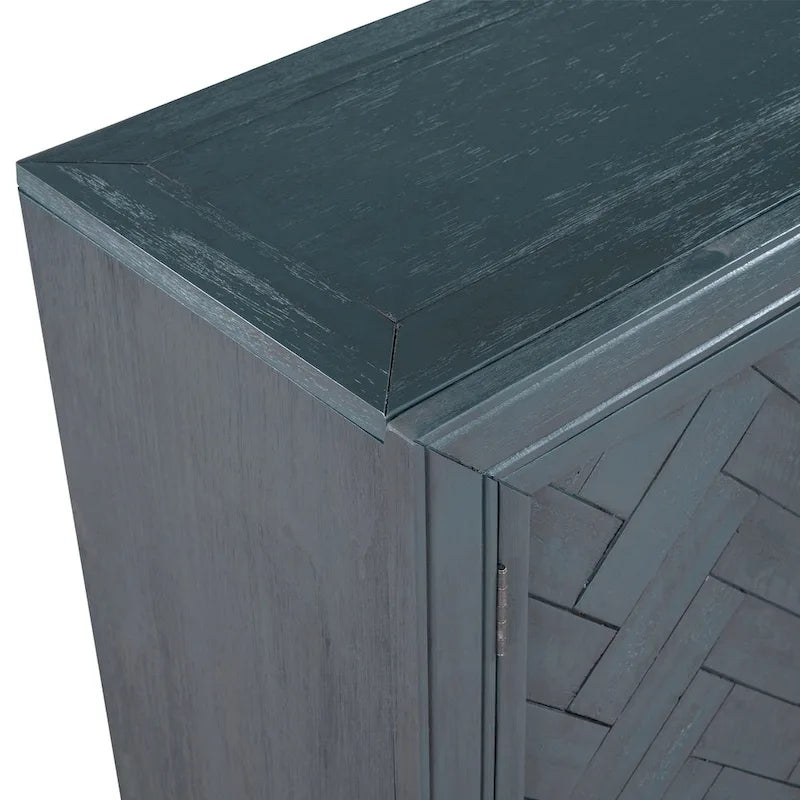 Accent Cabinet 2 Door Herringbone Carved Panel Distressed Antique Blue Adjustable Shelf MDF