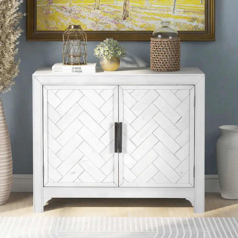 Accent Cabinet 2 Door Herringbone Carved Panel Distressed Antique Blue Adjustable Shelf MDF