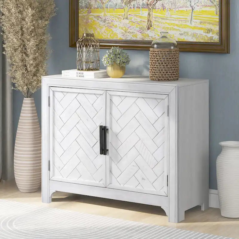 Accent Cabinet 2 Door Herringbone Carved Panel Distressed Antique Blue Adjustable Shelf MDF