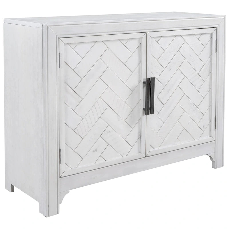 Accent Cabinet 2 Door Herringbone Carved Panel Distressed Antique Blue Adjustable Shelf MDF