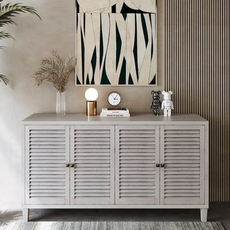 White Washed Sideboard 4 Shutter Door Cabinet 2 Compartments Wood Legs Coastal Buffet