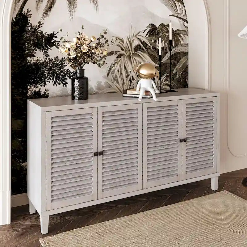 White Washed Sideboard 4 Shutter Door Cabinet 2 Compartments Wood Legs Coastal Buffet