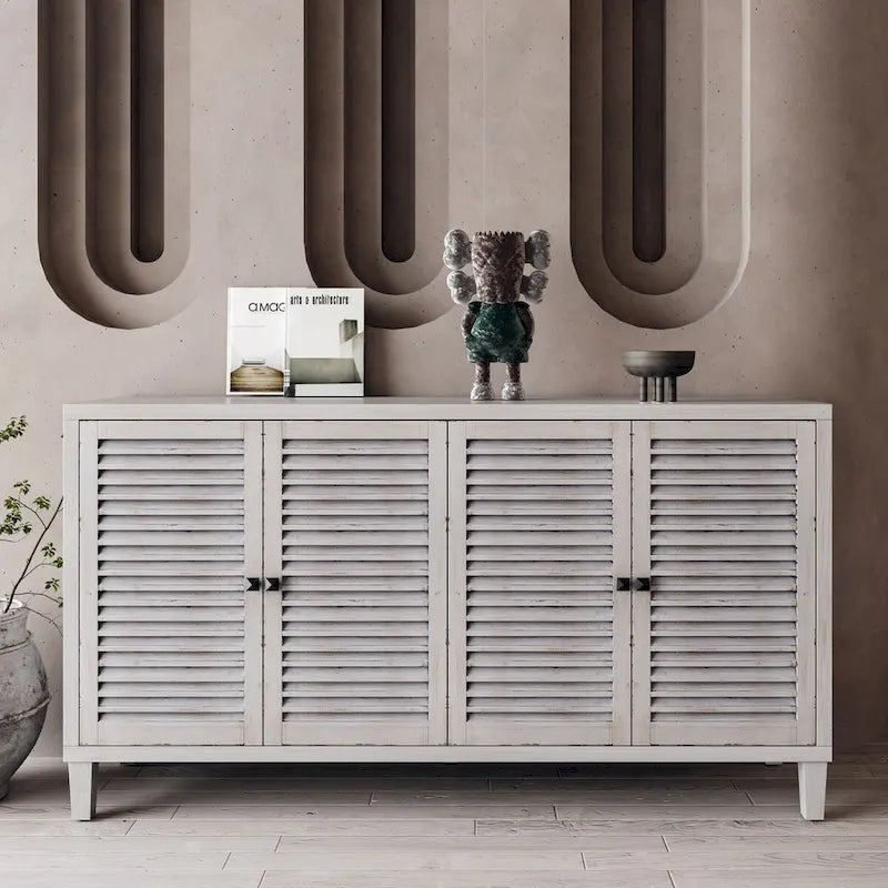 White Washed Sideboard 4 Shutter Door Cabinet 2 Compartments Wood Legs Coastal Buffet