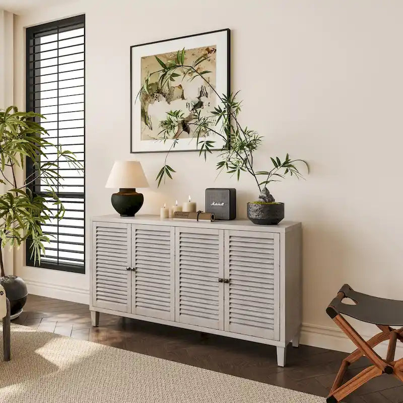White Washed Sideboard 4 Shutter Door Cabinet 2 Compartments Wood Legs Coastal Buffet