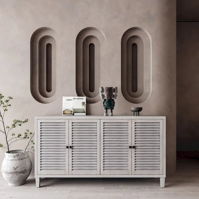 White Washed Sideboard 4 Shutter Door Cabinet 2 Compartments Wood Legs Coastal Buffet