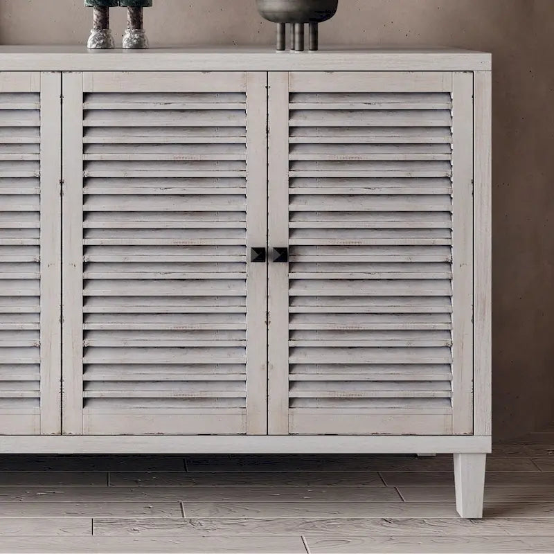 White Washed Sideboard 4 Shutter Door Cabinet 2 Compartments Wood Legs Coastal Buffet