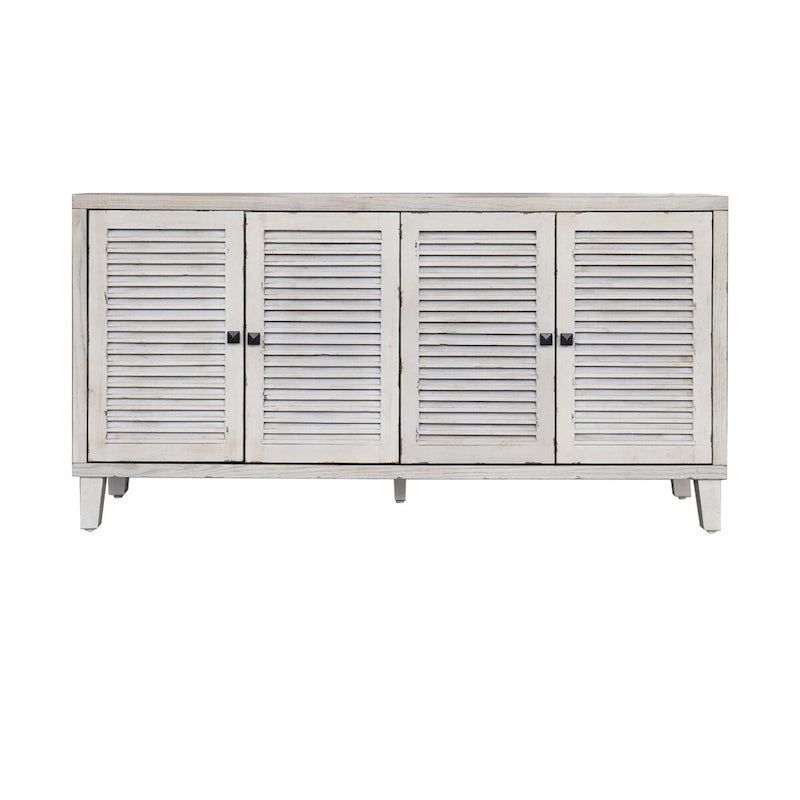 White Washed Sideboard 4 Shutter Door Cabinet 2 Compartments Wood Legs Coastal Buffet