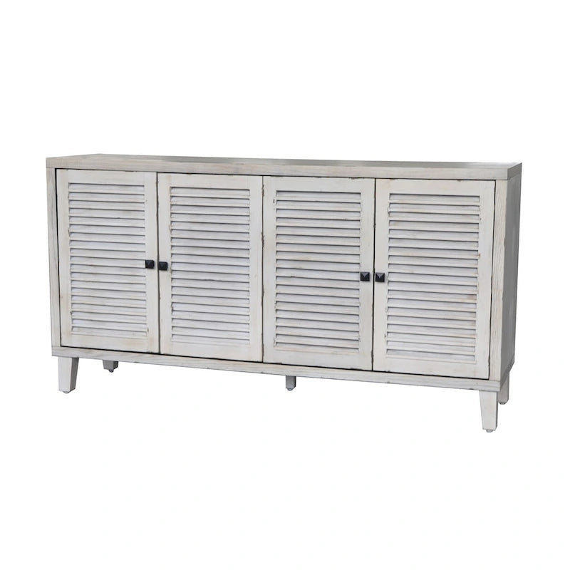 White Washed Sideboard 4 Shutter Door Cabinet 2 Compartments Wood Legs Coastal Buffet