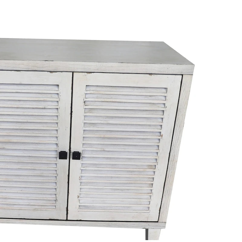 White Washed Sideboard 4 Shutter Door Cabinet 2 Compartments Wood Legs Coastal Buffet