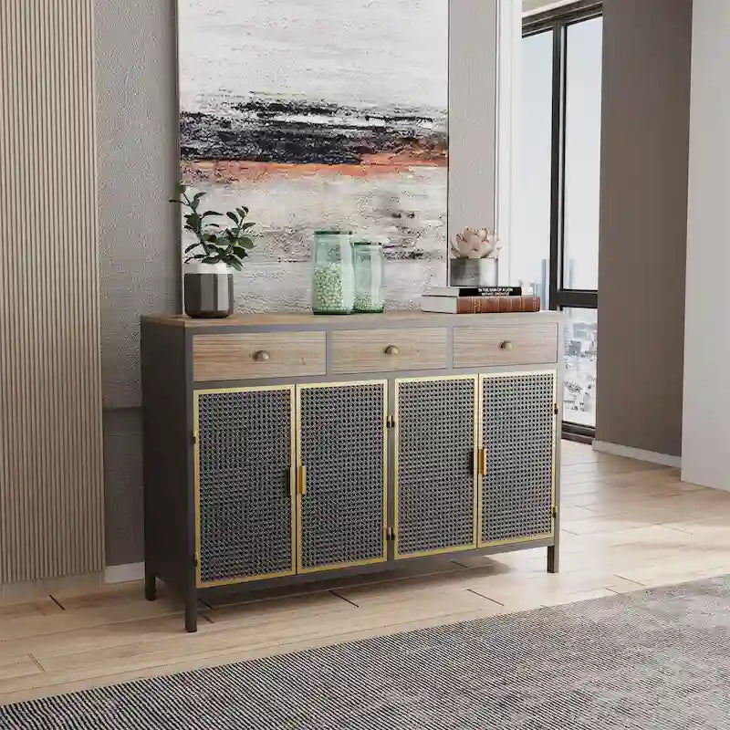 Industrial Sideboard 3 Wood Drawers 4 Iron Mesh Cane Door Panels Gold Handles Mixed Material