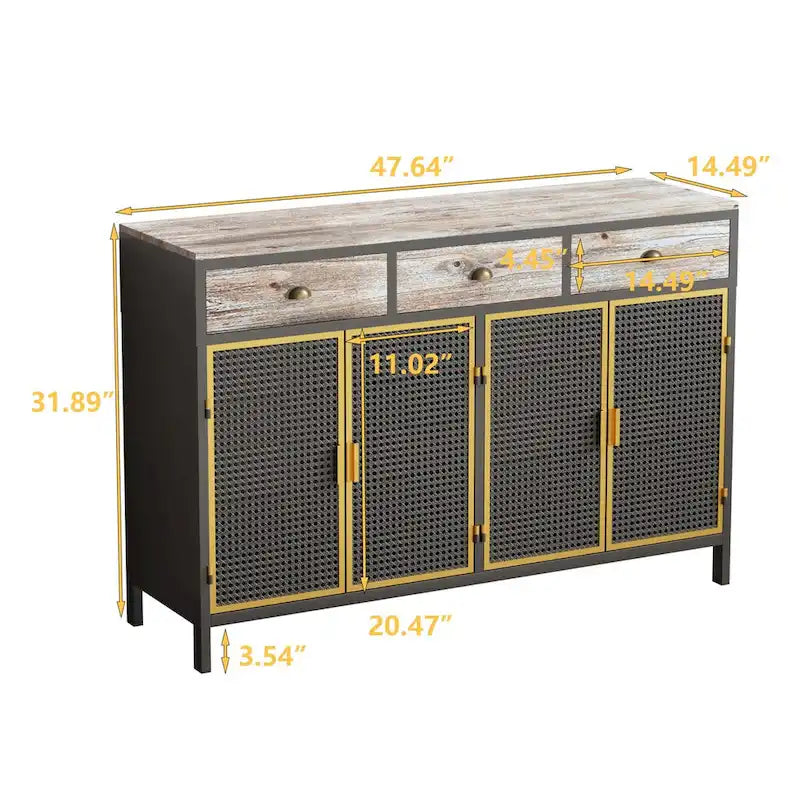Industrial Sideboard 3 Wood Drawers 4 Iron Mesh Cane Door Panels Gold Handles Mixed Material