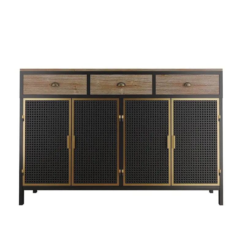 Industrial Sideboard 3 Wood Drawers 4 Iron Mesh Cane Door Panels Gold Handles Mixed Material