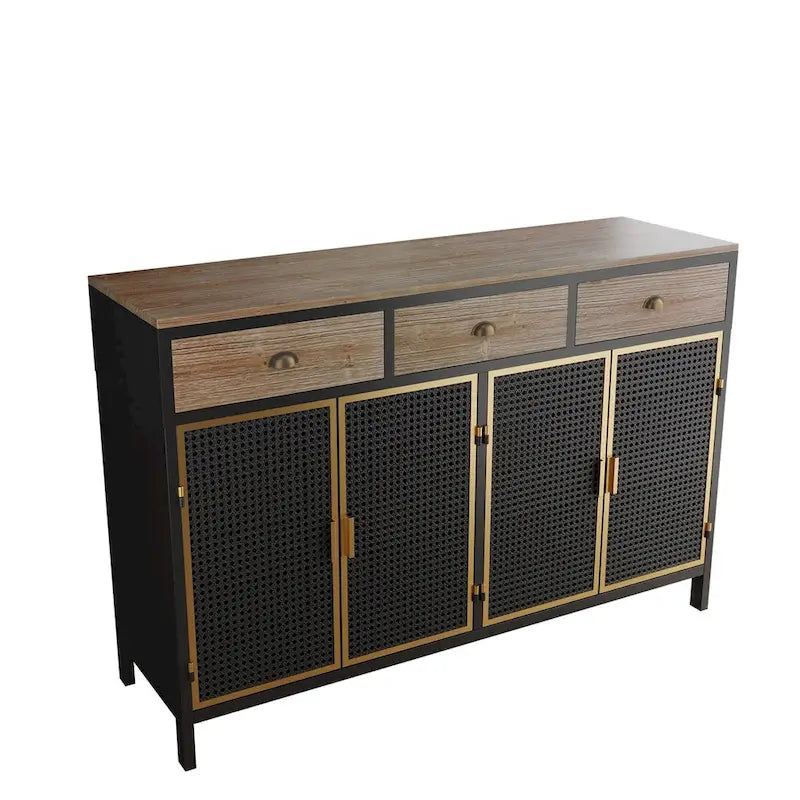 Industrial Sideboard 3 Wood Drawers 4 Iron Mesh Cane Door Panels Gold Handles Mixed Material