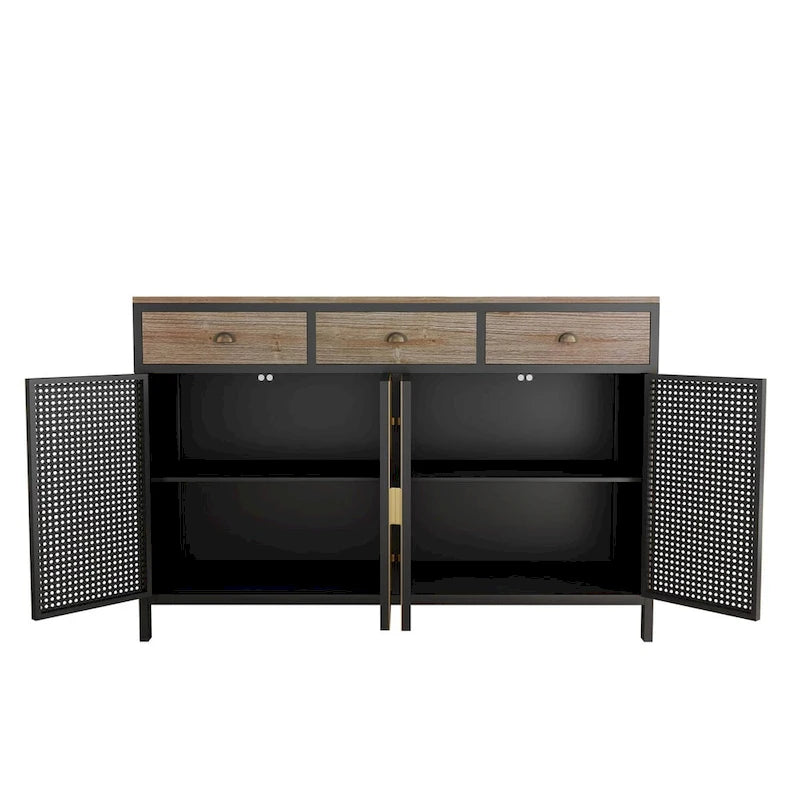 Industrial Sideboard 3 Wood Drawers 4 Iron Mesh Cane Door Panels Gold Handles Mixed Material