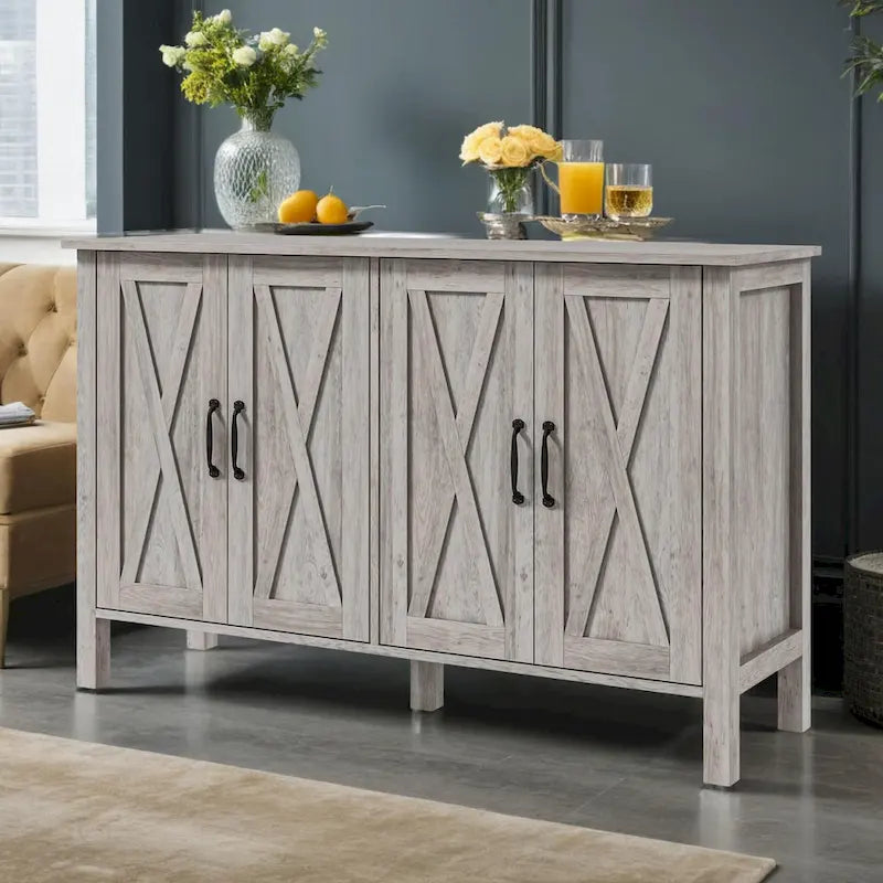 Gray Farmhouse Sideboard 4 X-Brace Barn Doors Adjustable Shelves TV Stand Cabinet