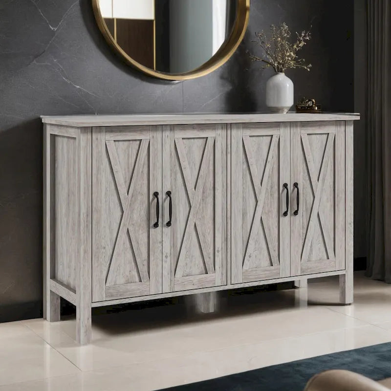 Gray Farmhouse Sideboard 4 X-Brace Barn Doors Adjustable Shelves TV Stand Cabinet