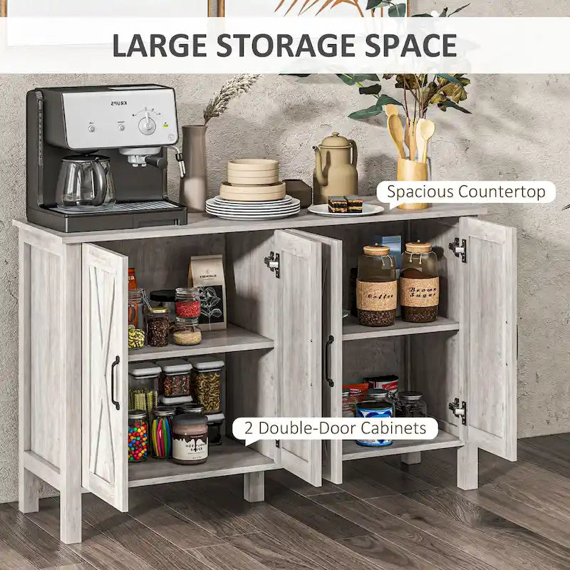 Gray Farmhouse Sideboard 4 X-Brace Barn Doors Adjustable Shelves TV Stand Cabinet