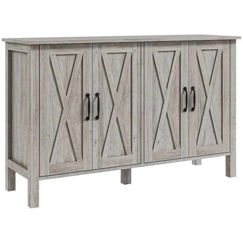 Gray Farmhouse Sideboard 4 X-Brace Barn Doors Adjustable Shelves TV Stand Cabinet