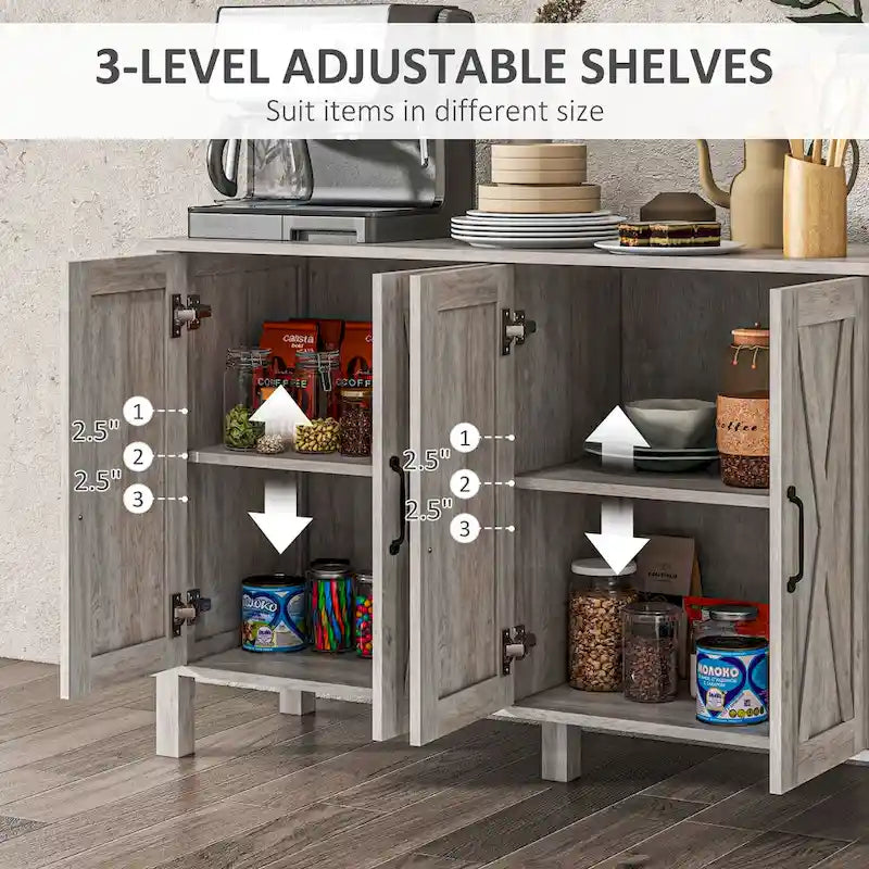 Gray Farmhouse Sideboard 4 X-Brace Barn Doors Adjustable Shelves TV Stand Cabinet