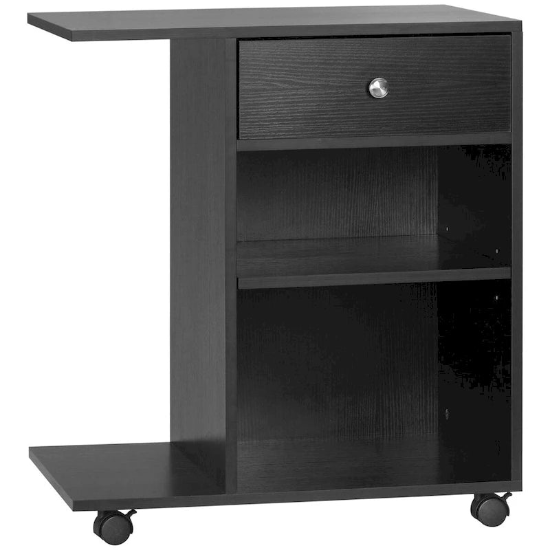 Black Rolling Wood Printer Stand with Drawer Adjustable Shelf Caster Wheels