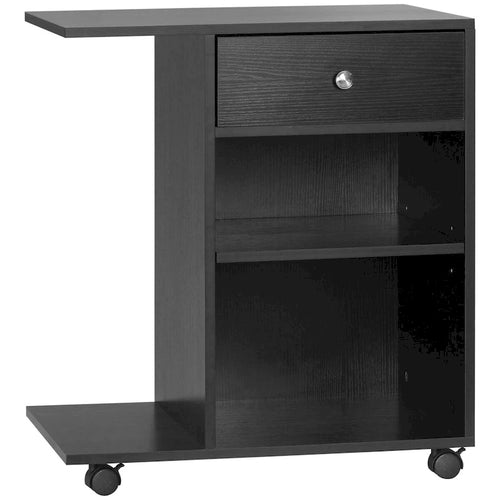 Black Rolling Wood Printer Stand with Drawer Adjustable Shelf Caster Wheels