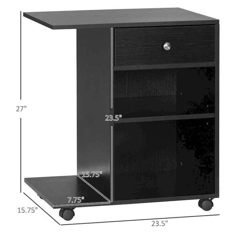 Black Rolling Wood Printer Stand with Drawer Adjustable Shelf Caster Wheels