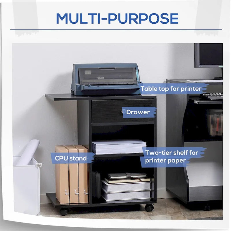 Black Rolling Wood Printer Stand with Drawer Adjustable Shelf Caster Wheels