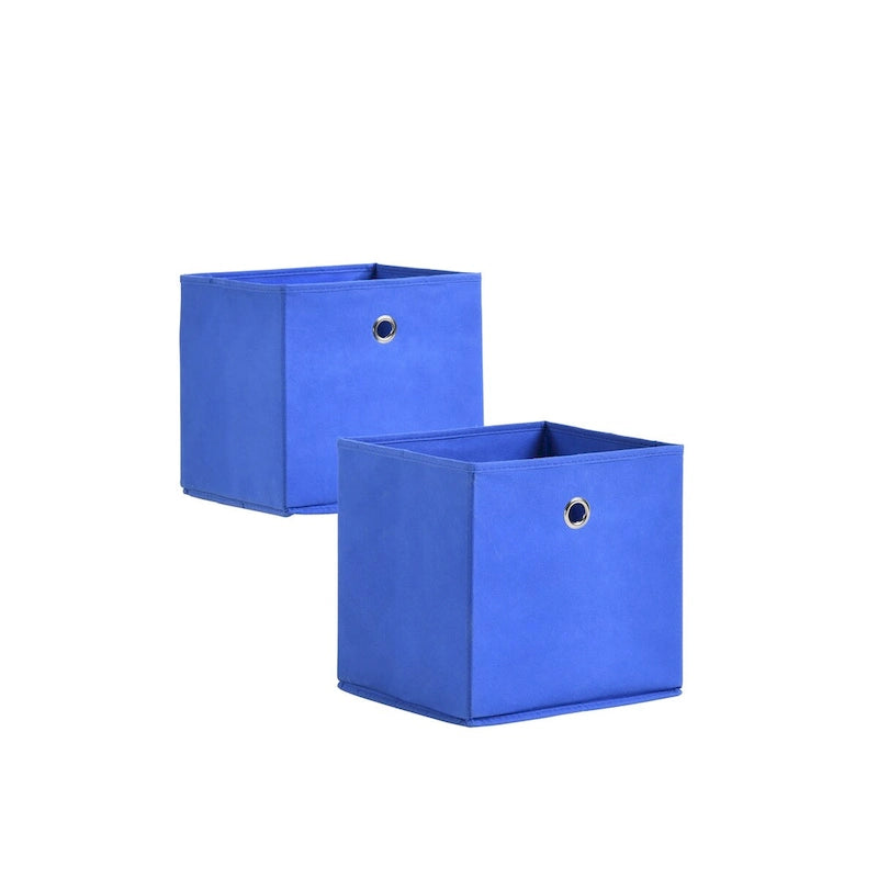 White Staircase 6 Cube Storage Organizer Shelf with 2 Blue Fabric Baskets MDF