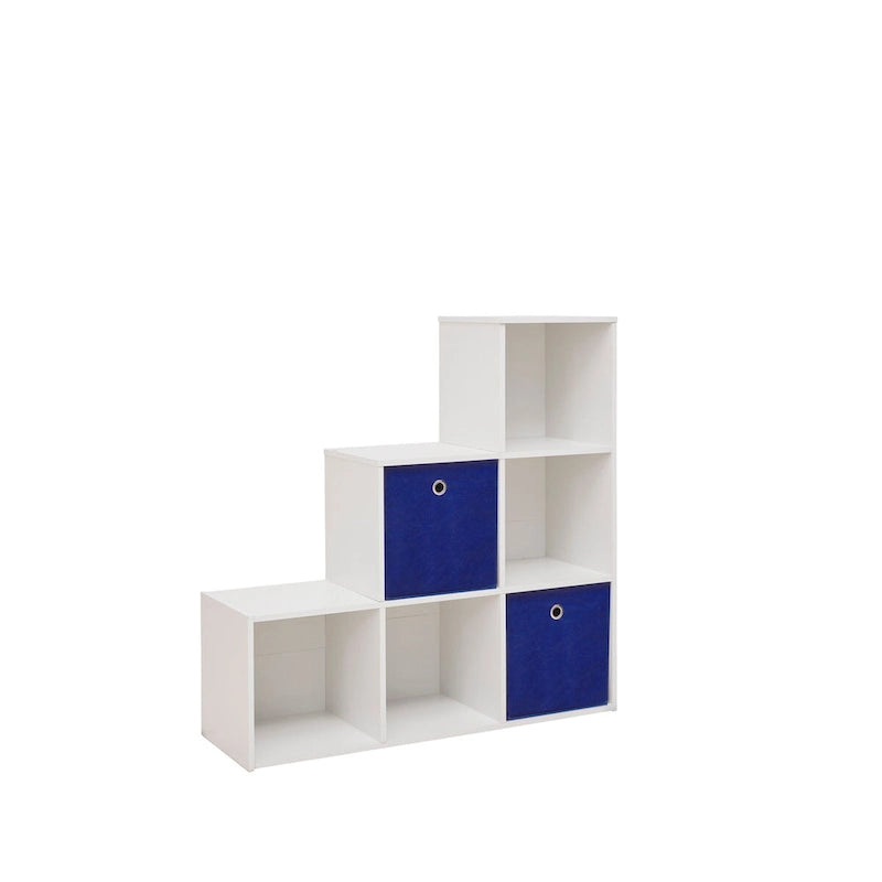 White Staircase 6 Cube Storage Organizer Shelf with 2 Blue Fabric Baskets MDF