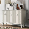 Sideboard 3 Door Vertical Fluted Panel Round Ring Pulls Rounded Top Corners Wood Veneer Cedar Legs
