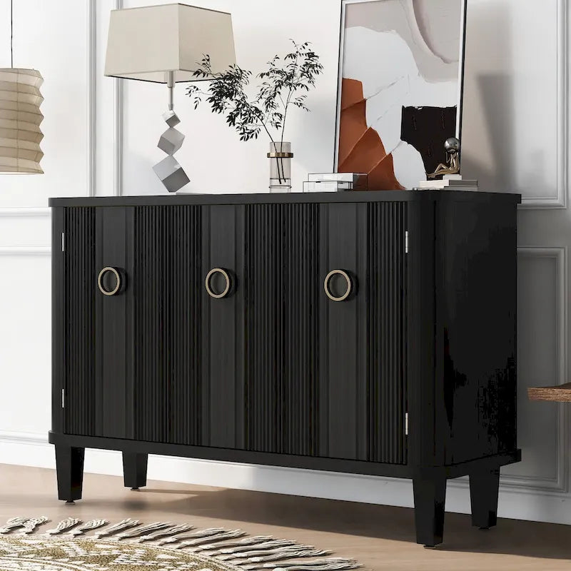 Sideboard 3 Door Vertical Fluted Panel Round Ring Pulls Rounded Top Corners Wood Veneer Cedar Legs