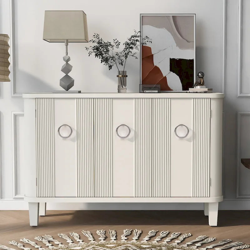Sideboard 3 Door Vertical Fluted Panel Round Ring Pulls Rounded Top Corners Wood Veneer Cedar Legs