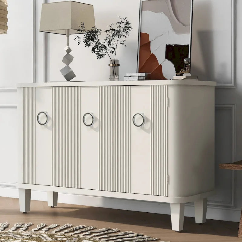 Sideboard 3 Door Vertical Fluted Panel Round Ring Pulls Rounded Top Corners Wood Veneer Cedar Legs