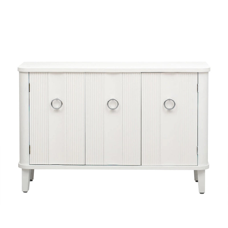 Sideboard 3 Door Vertical Fluted Panel Round Ring Pulls Rounded Top Corners Wood Veneer Cedar Legs