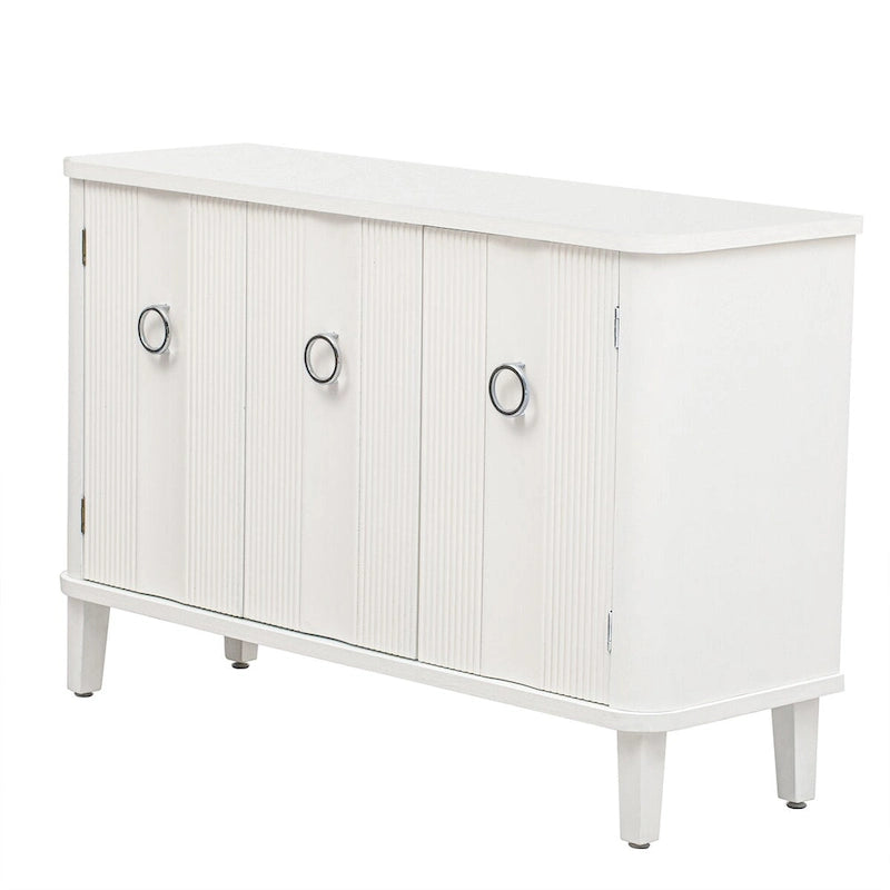 Sideboard 3 Door Vertical Fluted Panel Round Ring Pulls Rounded Top Corners Wood Veneer Cedar Legs