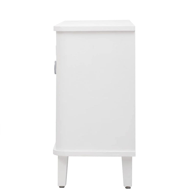 Sideboard 3 Door Vertical Fluted Panel Round Ring Pulls Rounded Top Corners Wood Veneer Cedar Legs