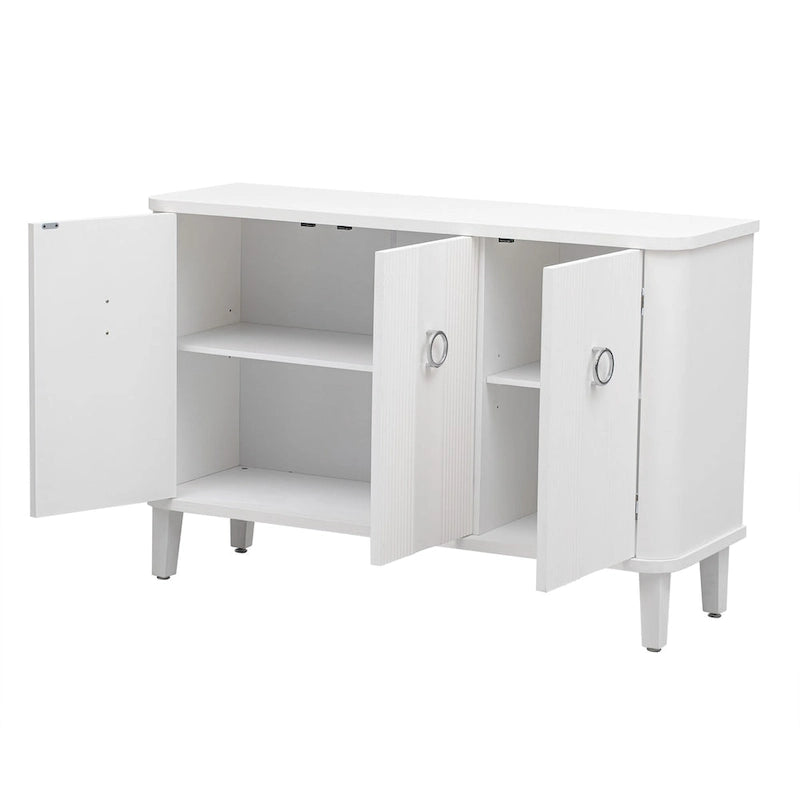 Sideboard 3 Door Vertical Fluted Panel Round Ring Pulls Rounded Top Corners Wood Veneer Cedar Legs