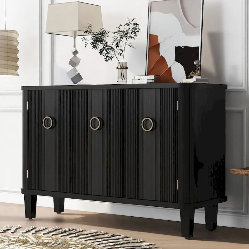 Sideboard 3 Door Vertical Fluted Panel Round Ring Pulls Rounded Top Corners Wood Veneer Cedar Legs