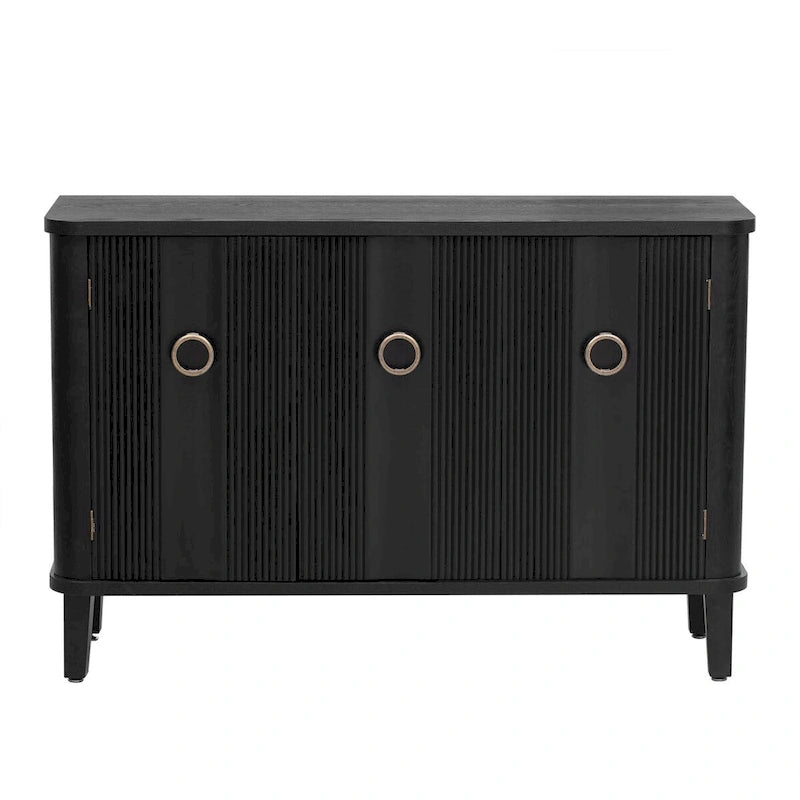 Sideboard 3 Door Vertical Fluted Panel Round Ring Pulls Rounded Top Corners Wood Veneer Cedar Legs