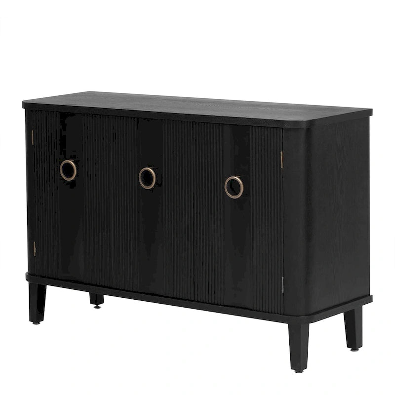 Sideboard 3 Door Vertical Fluted Panel Round Ring Pulls Rounded Top Corners Wood Veneer Cedar Legs