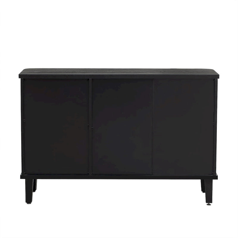 Sideboard 3 Door Vertical Fluted Panel Round Ring Pulls Rounded Top Corners Wood Veneer Cedar Legs