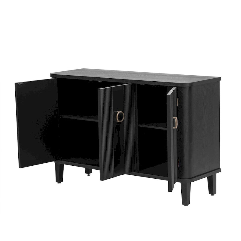 Sideboard 3 Door Vertical Fluted Panel Round Ring Pulls Rounded Top Corners Wood Veneer Cedar Legs