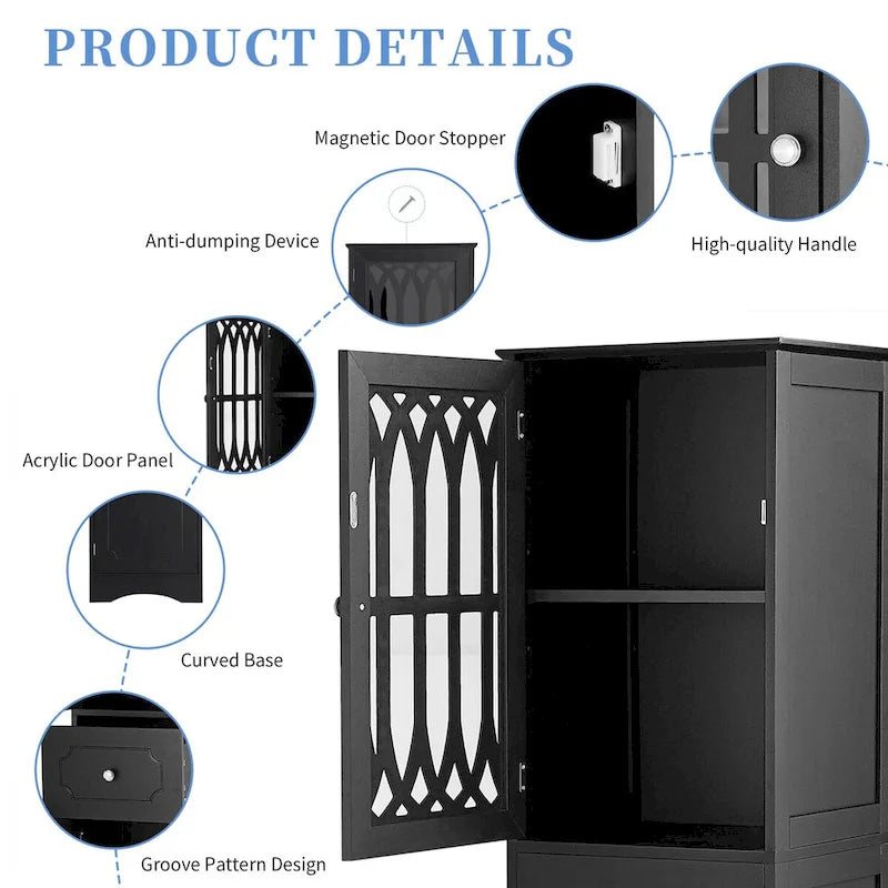 Tall Bathroom Cabinet Gothic Arch Lattice Door 1 Drawer 2 Lower Doors Adjustable Shelves Anti-Tip