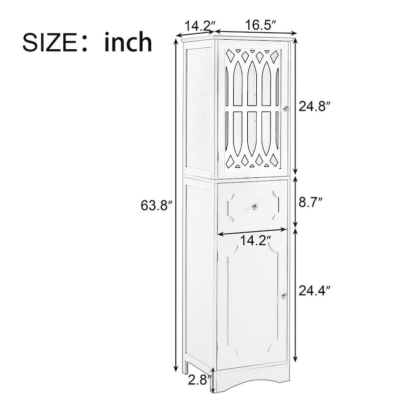 Tall Bathroom Cabinet Gothic Arch Lattice Door 1 Drawer 2 Lower Doors Adjustable Shelves Anti-Tip