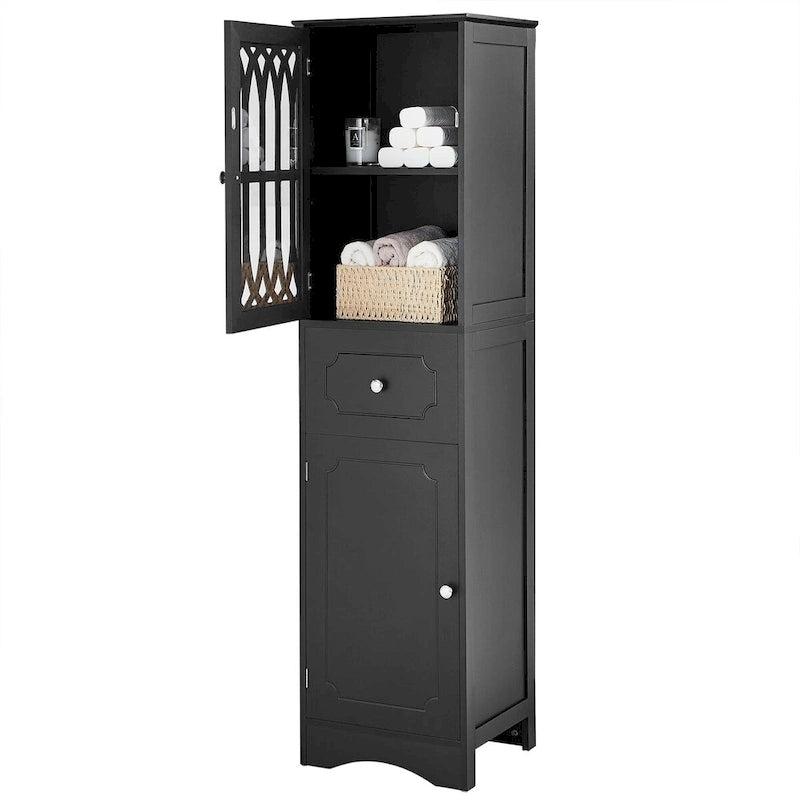 Tall Bathroom Cabinet Gothic Arch Lattice Door 1 Drawer 2 Lower Doors Adjustable Shelves Anti-Tip